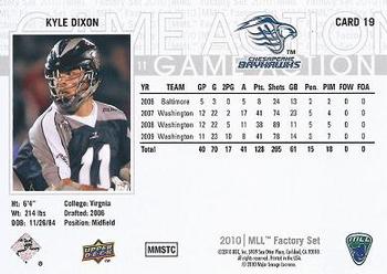 2010 Upper Deck Major League Lacrosse #19 Kyle Dixon Back